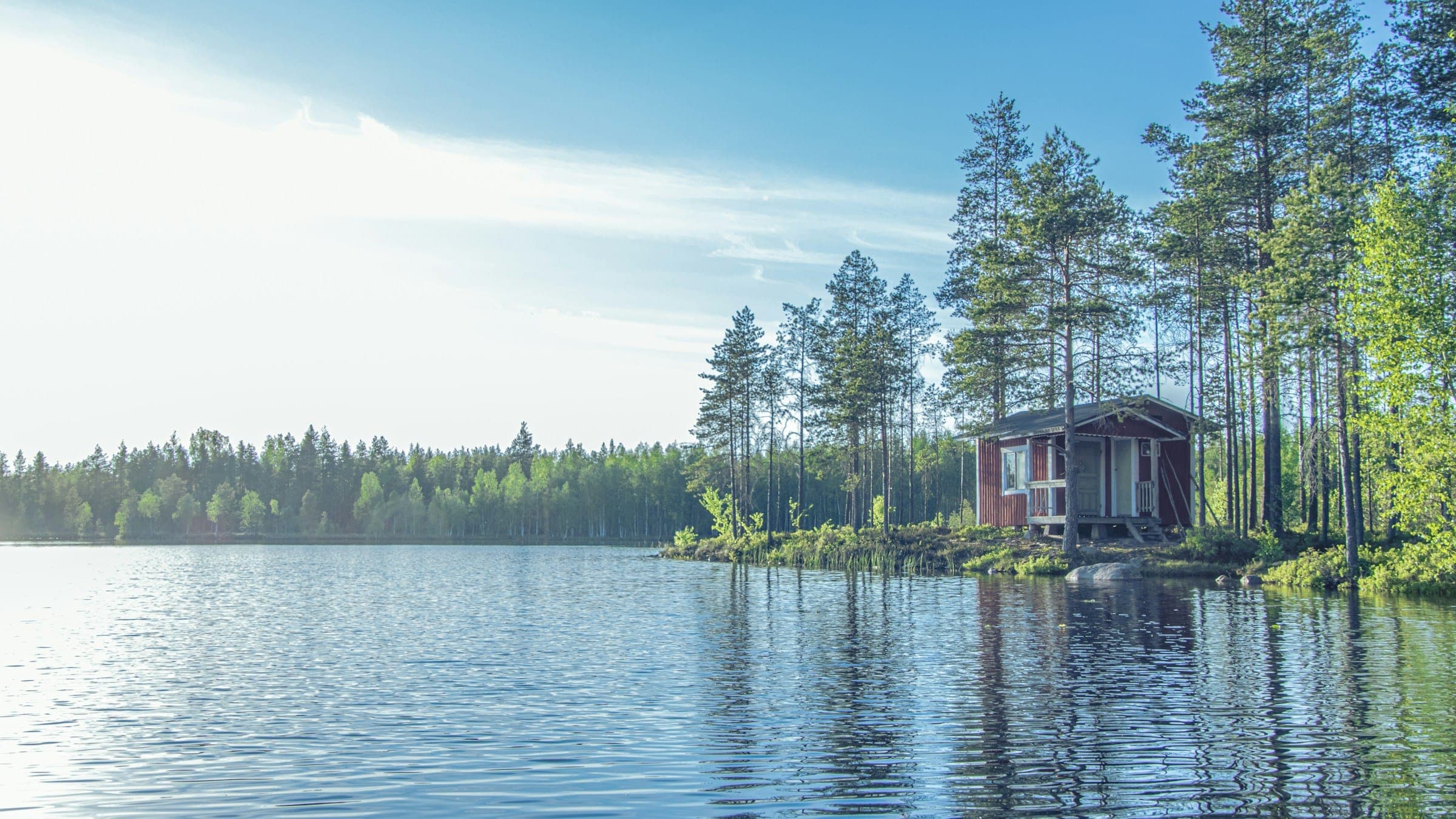 A calm Finnish lake with pine trees and a red cottage